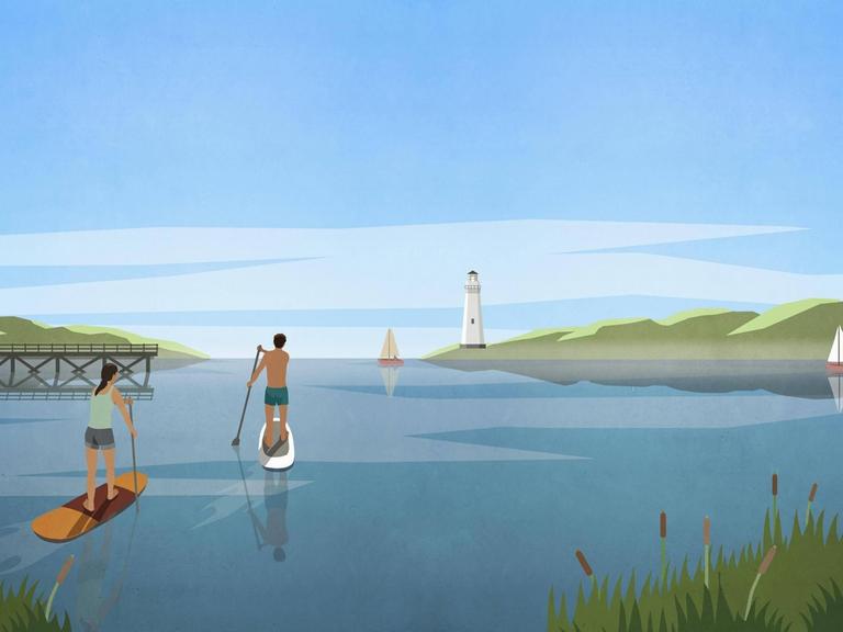 Illustration von zwei Personen, die jeweils auf einem Paddelboard auf dem Wasser fahren. Im Hintergrund ist ein Leuchtturm zu sehen.