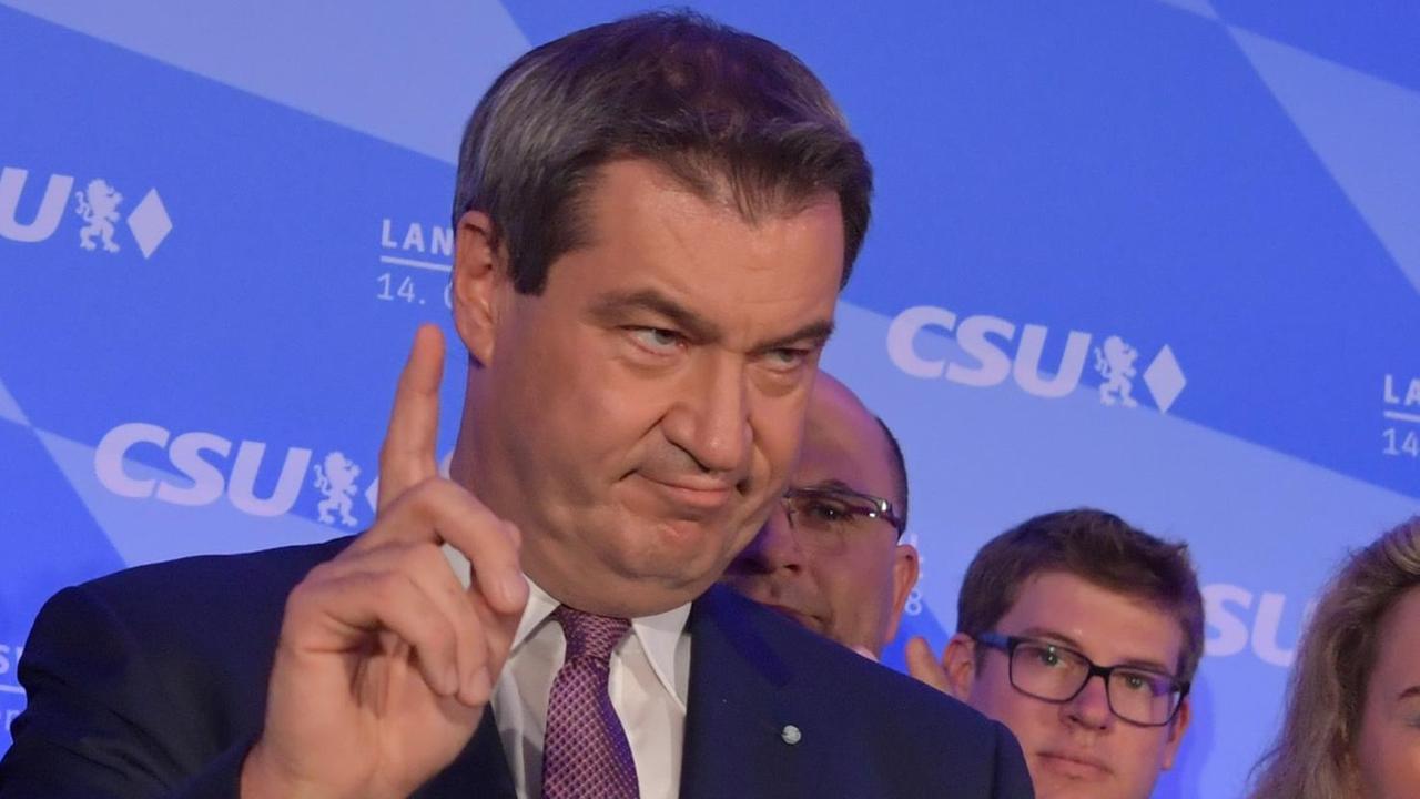 Markus Söder (CSU), Ministerpräsident von Bayern, bei der Wahlparty der CSU im Landtag am Abend der Landtagswahl in Bayern. Foto: Peter Kneffel / dpa | Verwendung weltweit