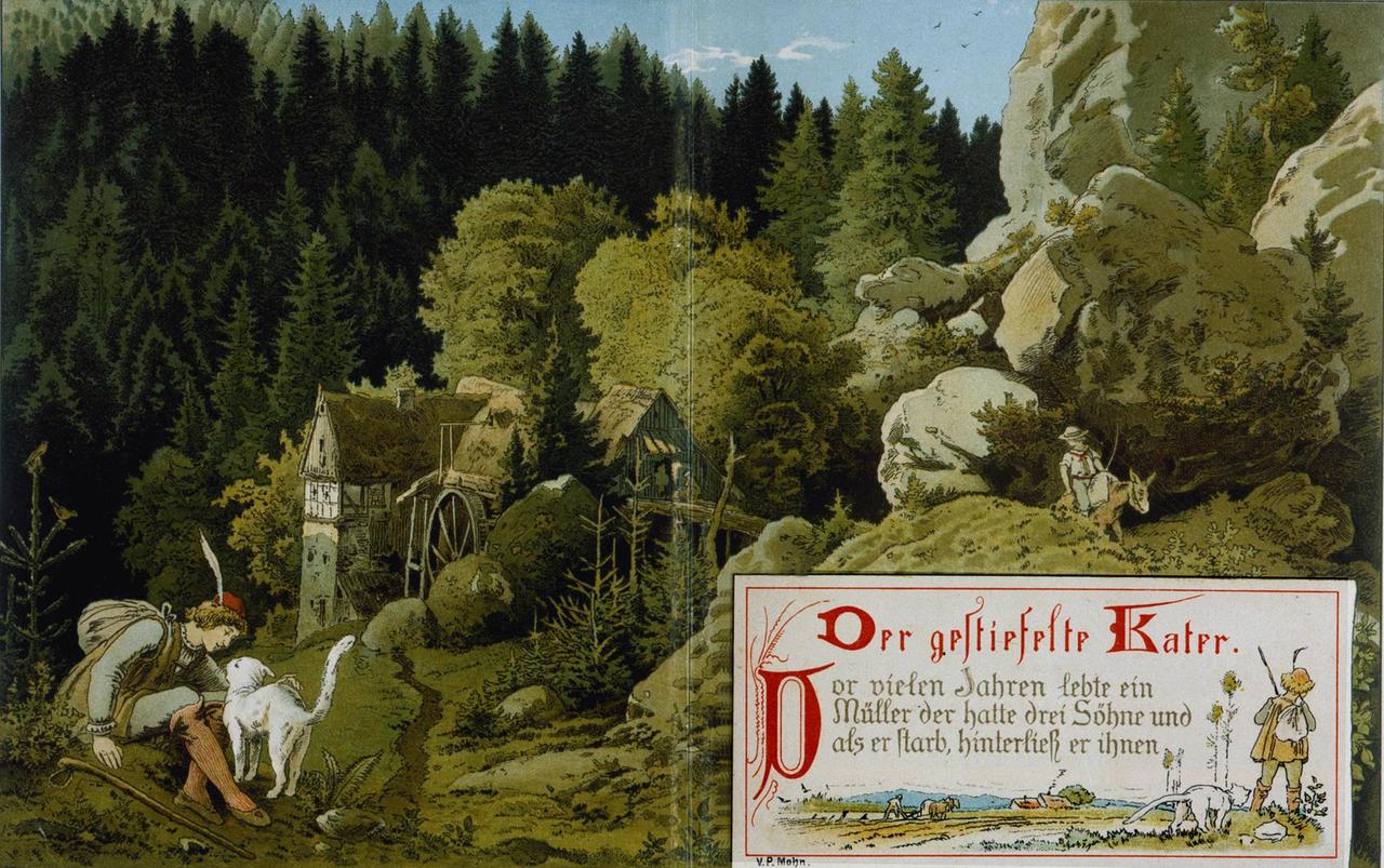Farblithographie zu "Der gestiefelte Kater" von Viktor Paul Mohn aus dem Jahr 1882. Aus: Märchen-Strauss für Kind und Haus