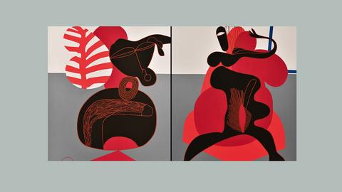 Eine Collage zeigt Ansichten der Werke: Tänzerin I, Acryl auf Leinwand, 2019, 250 x 200 cm sowie Tänzerin II, Acryl auf Leinwand, 2019, 250 x 200. Darauf zu sehen abstakte feminine Körper in schwarzen, roten und grauen Tönen auf einer grauen Farbfläche.