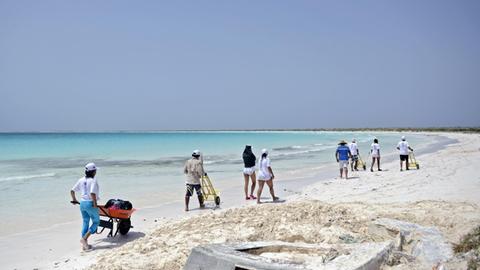 Freiwillige helfen bei der Reinigung eines Strandabschnitts auf La Tortuga / Karibik