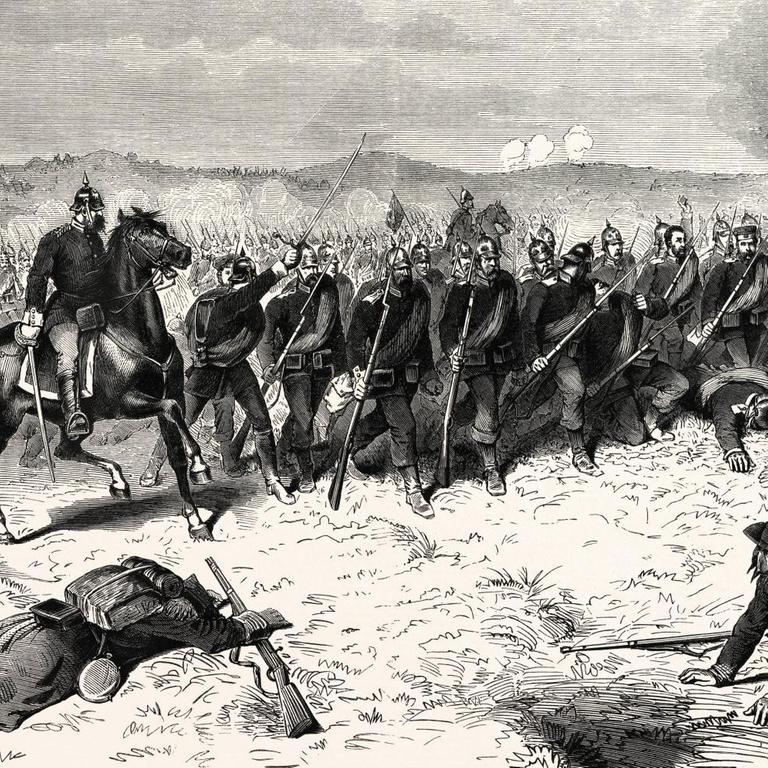 Preußische Truppen bei der Schlacht von Sedan am 1. September 1870 (Illustration): Gefallene und verwundete französische Soldaten vor der heranrückenden preußischen Garde