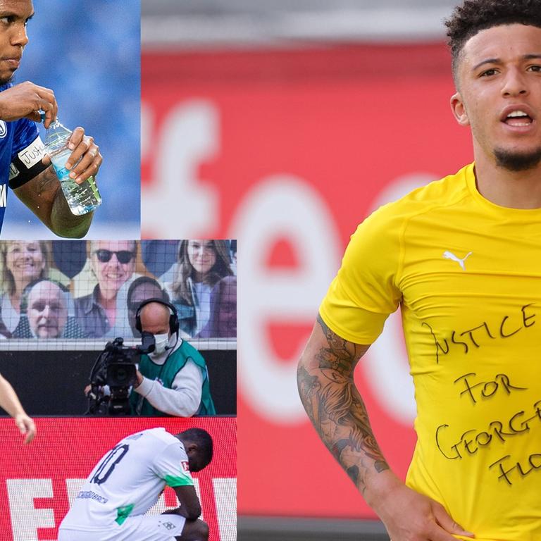 Eine Collage der Aktionen gegen Rassismus der Bundesliga-Spieler Jadon Sancho (Borussia Dortmund), Weston McKennie (Schalke) und Marcus Thuram (Borussia Mönchengladbach).