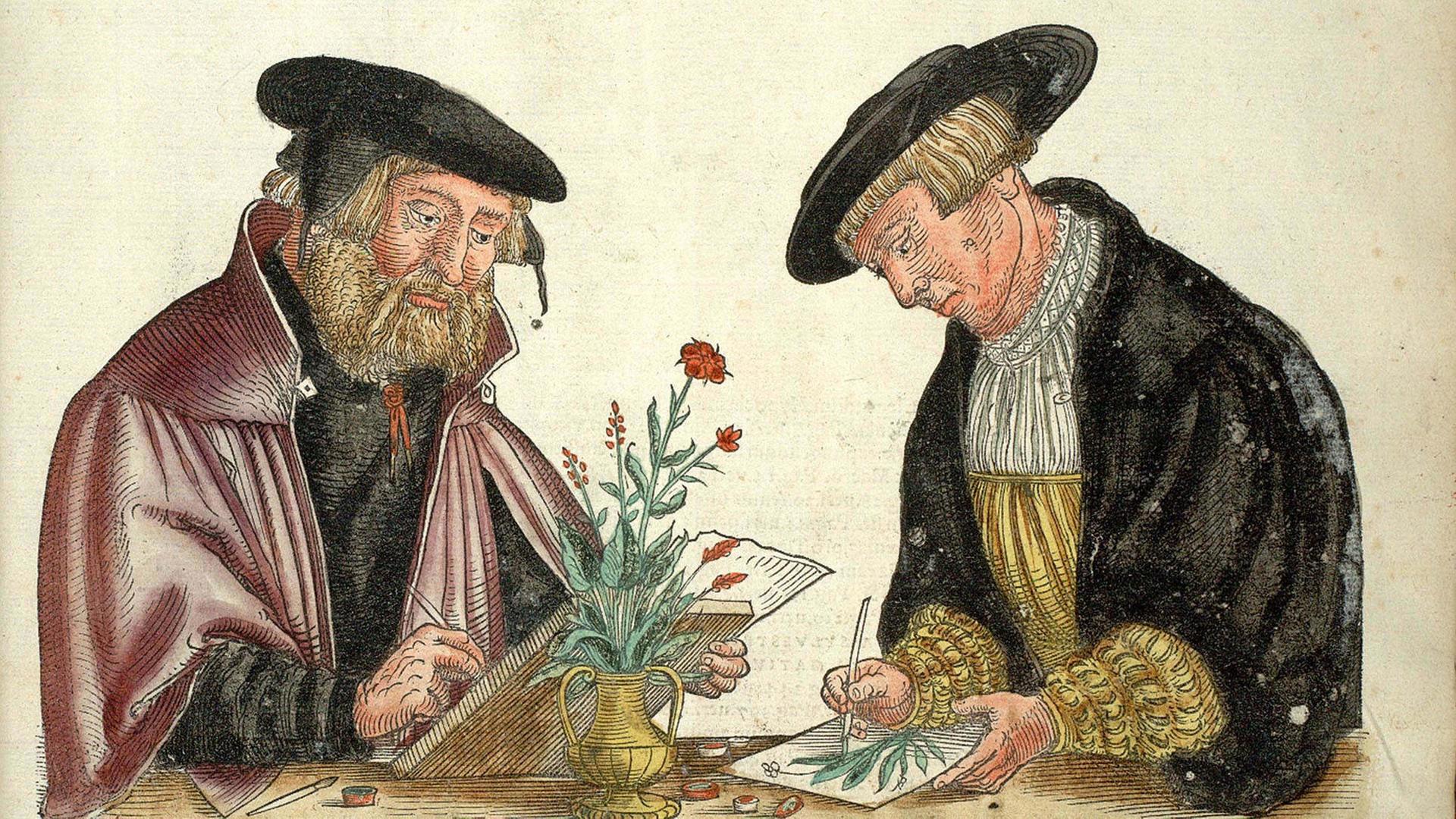 Albertus Meyer und Heinrich Füllmaurer bei der Arbeit zu eine "Geschichte der Pflanzen" in lateinischer Sprache