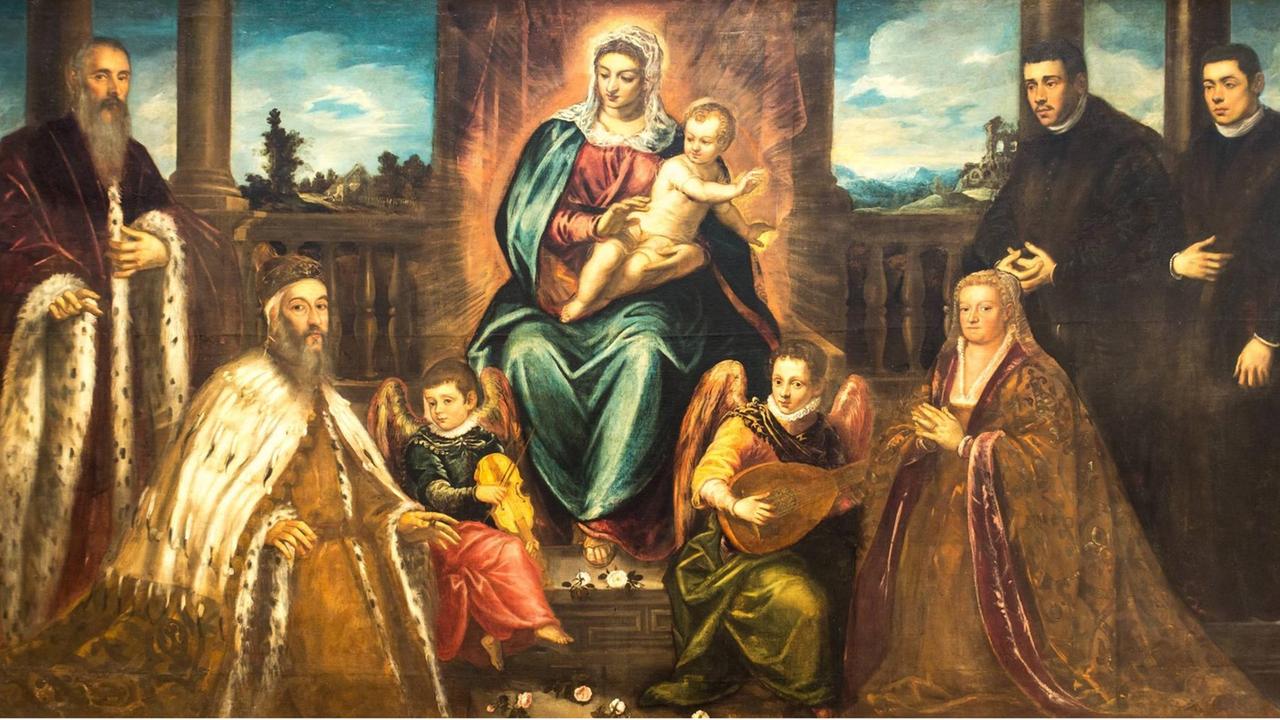 Ein Gemälde von Tintoretto zeigt den Dogen Alvise Mocenigo und seine Familie, die um die Jungfrau Maria geschart sind
