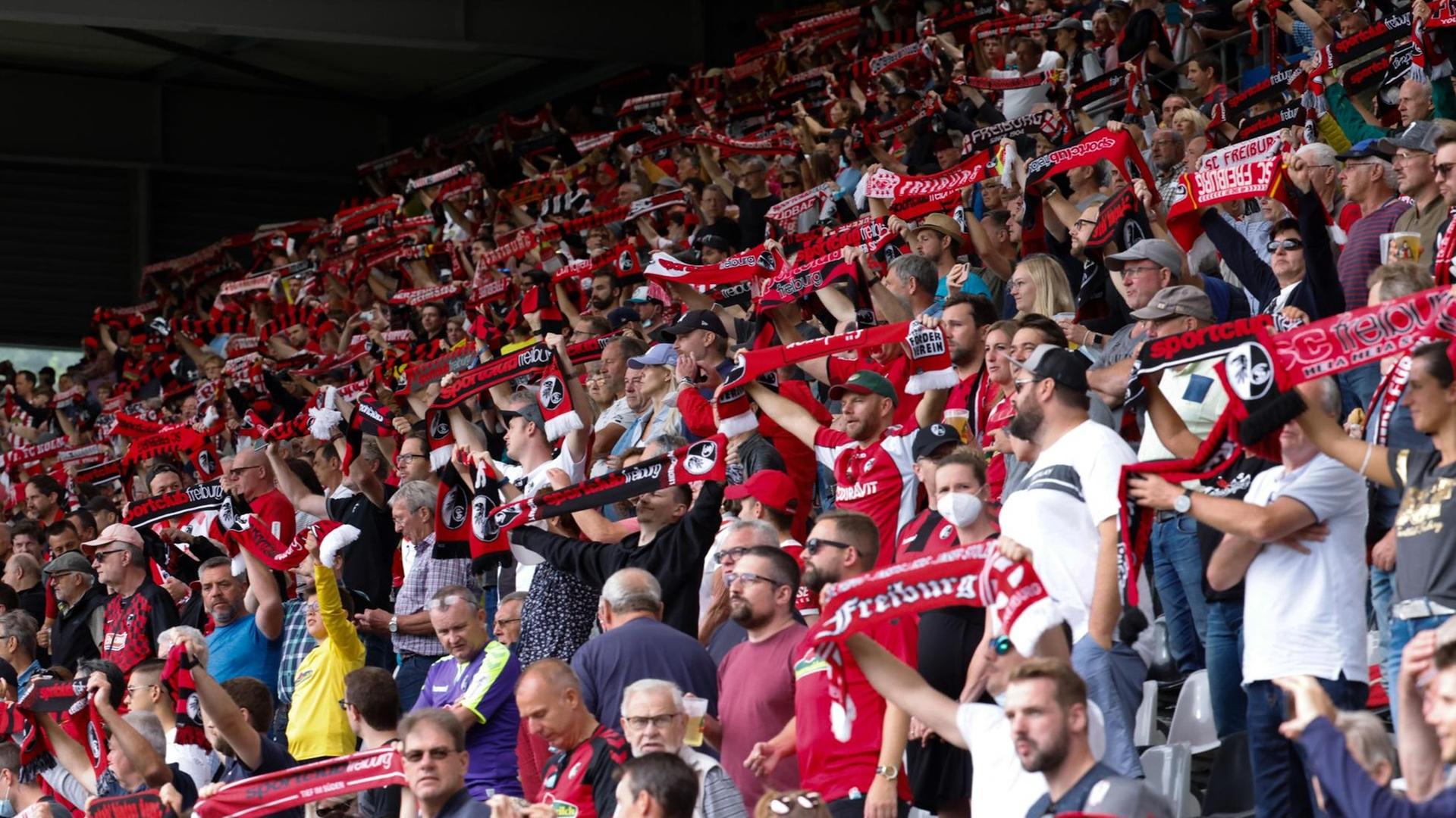 Fußball-Bundesliga: SC Freiburg gegen den 1. FC Köln, im Jahr 2021 im Dreisamstadion: Fans des SC Freiburg halten vor Spielbeginn Schals der Mannschaft hoch. Fußball-Bundesliga: SC Freiburg gegen den 1. FC Köln, im Jahr 2021 im Dreisamstadion: Fans des SC Freiburg halten vor Spielbeginn Schals der Mannschaft hoch.
