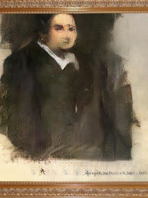 Der verschwommene Druck «Edmond de Belamy» zeigt einen Mann in dunkler Kutte mit weißem Kragen, der an einen französischen Geistlichen im 17. oder 18. Jahrhundert erinnert.