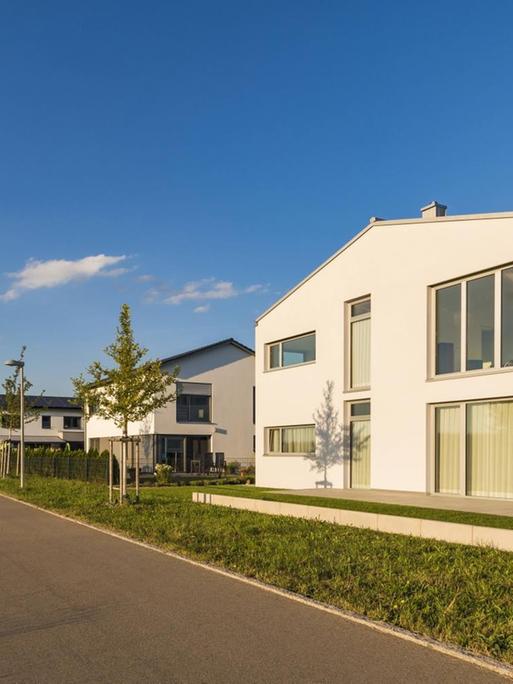 Neu gebaute Häuser in weißer Farbe stehen im Dezember 2019 entlang einer Straße in Ulm in Baden-Württemberg, gegenüber Felder, darüber blauer Himmel.