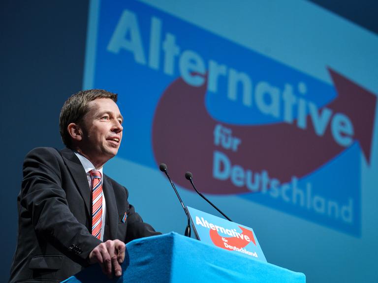 AfD-Chef Lucke spricht auf dem Bundesparteitag in Aschaffenburg an einem Rednerpult, im Hintergrund ist das Logo der Alternative für Deutschland auf blauem Grund sichtbar AfD-Chef Lucke spricht auf dem Bundesparteitag in Aschaffenburg an einem Rednerpult, im Hintergrund ist das Logo der Alternative für Deutschland auf blauem Grund sichtbar