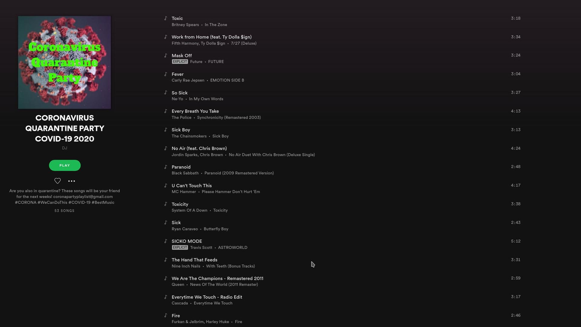 Screenshot von Spotify. Eine Liste mit Coronasongs.