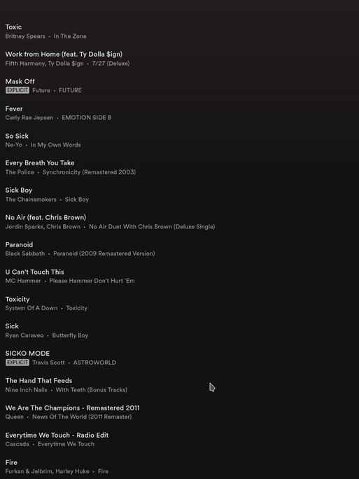 Screenshot von Spotify. Eine Liste mit Coronasongs.