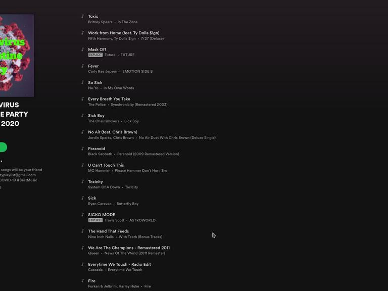 Screenshot von Spotify. Eine Liste mit Coronasongs.