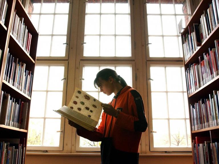 Eine Frau steht in einer Bibliothek zwischen zwei Regalen und schaut in ein aufgeschlagenes Buch