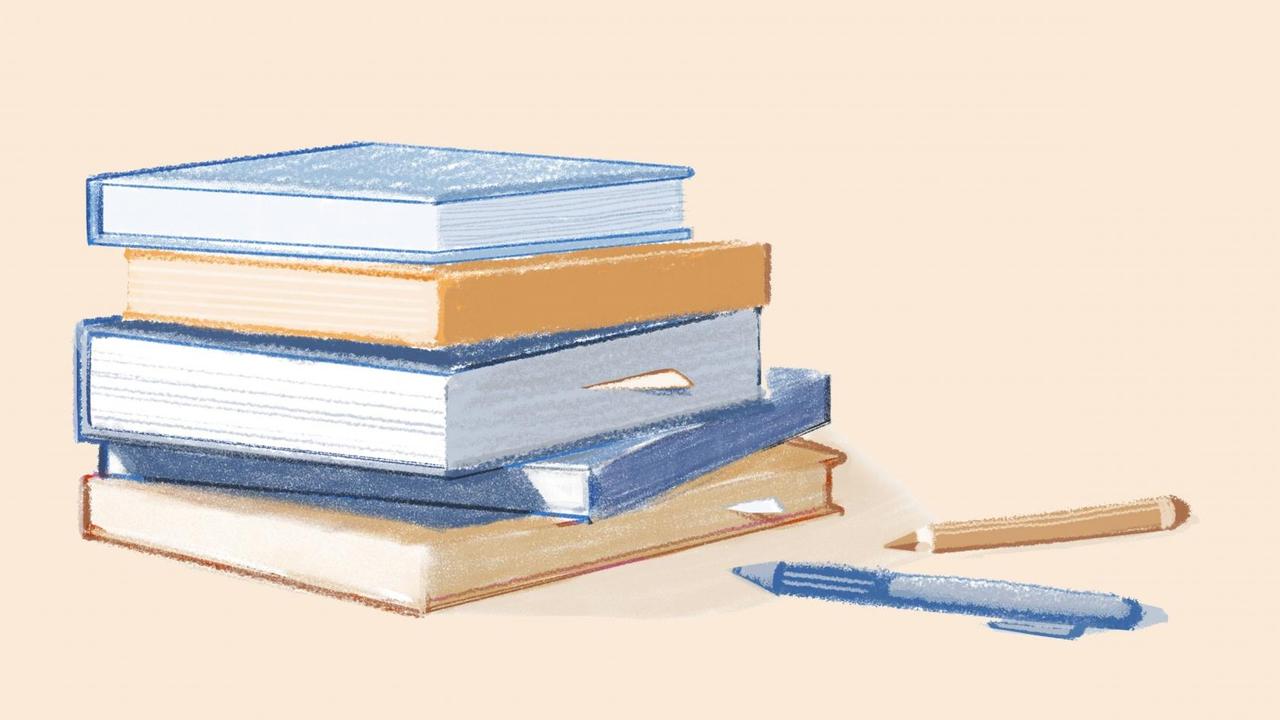 Illustration eines Bleistifts und eines Kugelschreibers, die neben eines Bücherstapels liegen.
