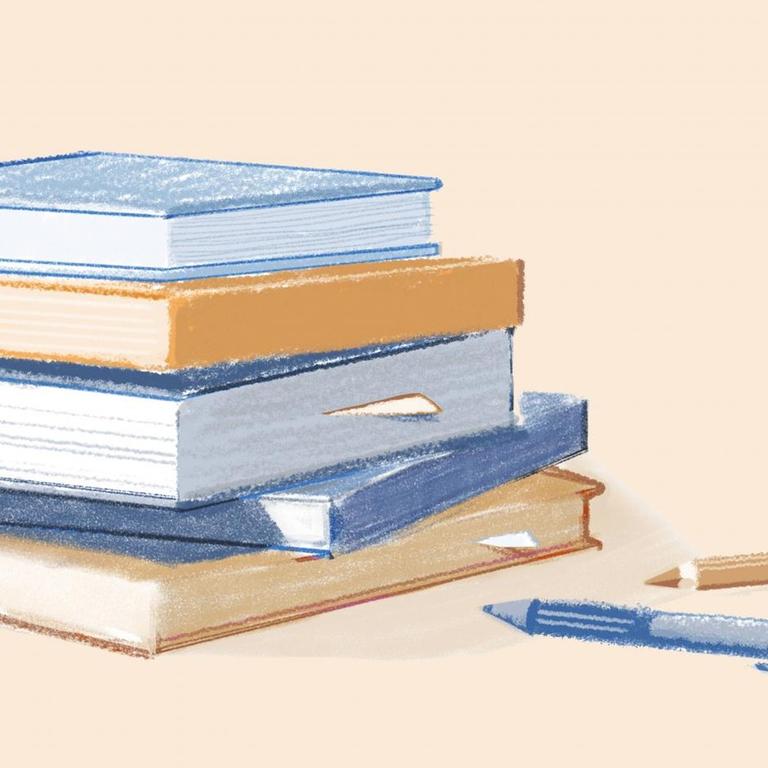 Illustration eines Bleistifts und eines Kugelschreibers, die neben eines Bücherstapels liegen.
