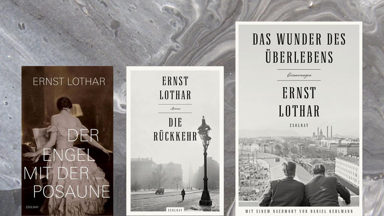 Buchcover (v.l.n.r.): Ernst Lothar: „Der Engel mit der Posaune", „Die Rückkehr“ und „Das Wunder des Überlebens. Erinnerungen“