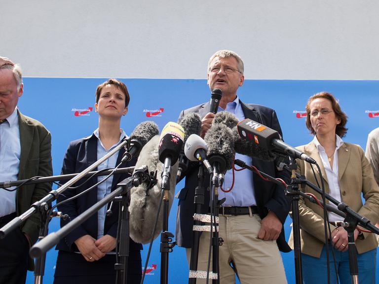 Ist die AfD eine Partei der Neuen Rechten? Frauke Petry (2. von links) und Jörg Meuthen (Mitte), die neugewählten Sprecher des Bundesvorstands der Alternative für Deutschland, bei einer Pressekonferenz am 10. Juli 2015 mit ihren Stellvertretern Alexander Gauland (links), Beatrix von Storch (2. von rechts) und Albrecht Glaser (rechts)