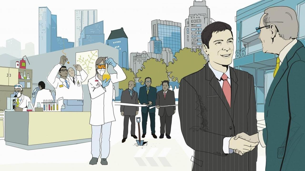 Eine Illustration zeigt Unternehmer und Wissenschaftler.