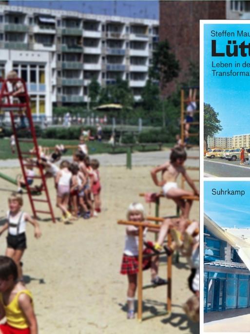 Cover des Sachbuchs "Lütten Klein. Leben in der ostdeutschen Transformationsgesellschaft" vor dem Bild des Außengeländes eines Kindergartens in der DDR