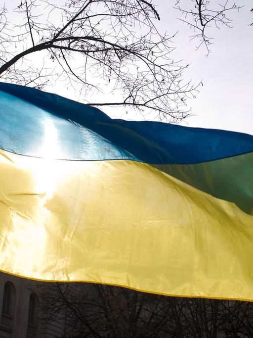 Die ukrainische Flagge ist am 03.03.2014 in Berlin am Rande einer Demonstration vor der russischen Botschaft zu sehen.