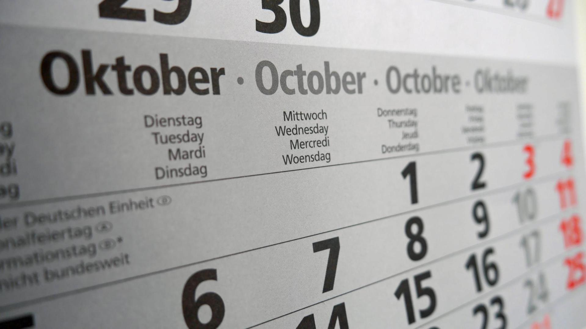 Kalenderblatt der Monats Oktober.