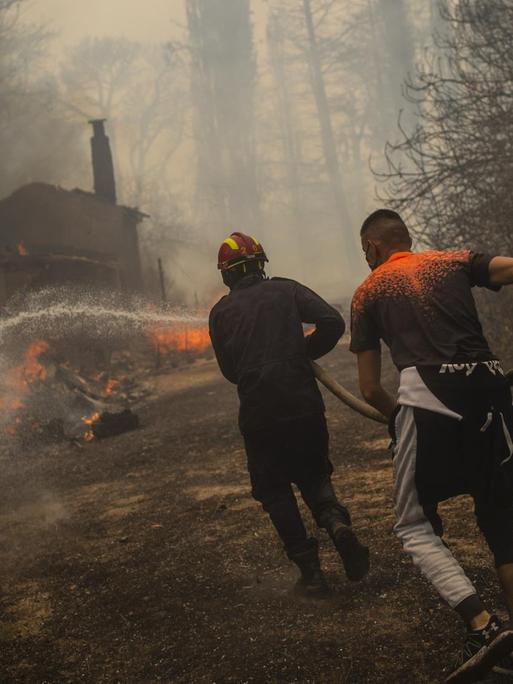 Feuerwehrleute versuchen einen Waldbrand in einem Waldgebiet nördlich von Athen zu löschen.