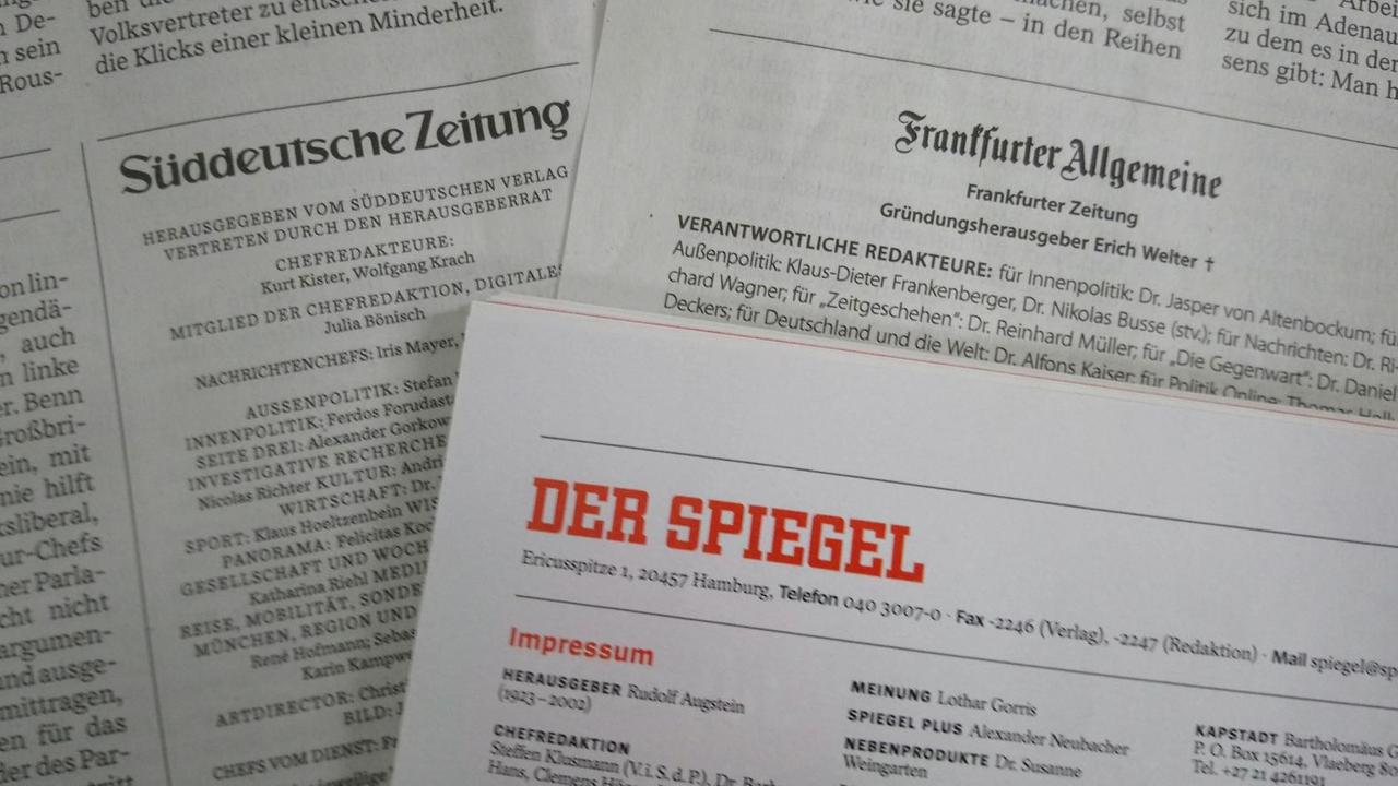 Die Impressen von Süddeutscher Zeitung, Frankfurter Allgemeiner Zeitung und Spiegel.