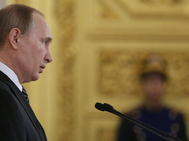 Russlands Präsident Wladimir Putin während einer Dankesrede für Militärs, die in Syrien eingesetzt waren.