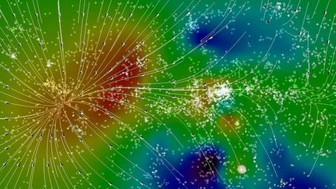 Wissenschaftler am Astrophysik. Inst. Potsdam haben die großräumigen Galaxienströmungen in der Umgebung des großen Attraktors graphisch umgesetzt.