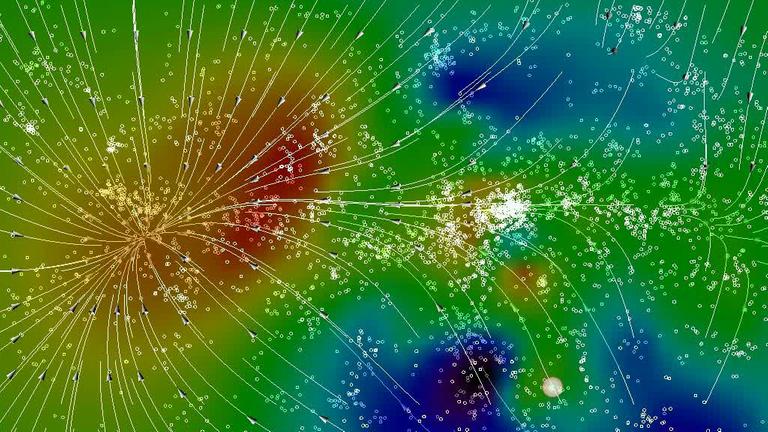 Wissenschaftler am Astrophysik. Inst. Potsdam haben die großräumigen Galaxienströmungen in der Umgebung des großen Attraktors graphisch umgesetzt.