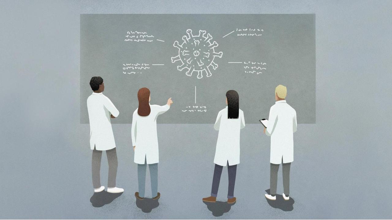 Illustration: Wissenschaftler diskutieren an einer Tafel das Coronavirus COVID-19.