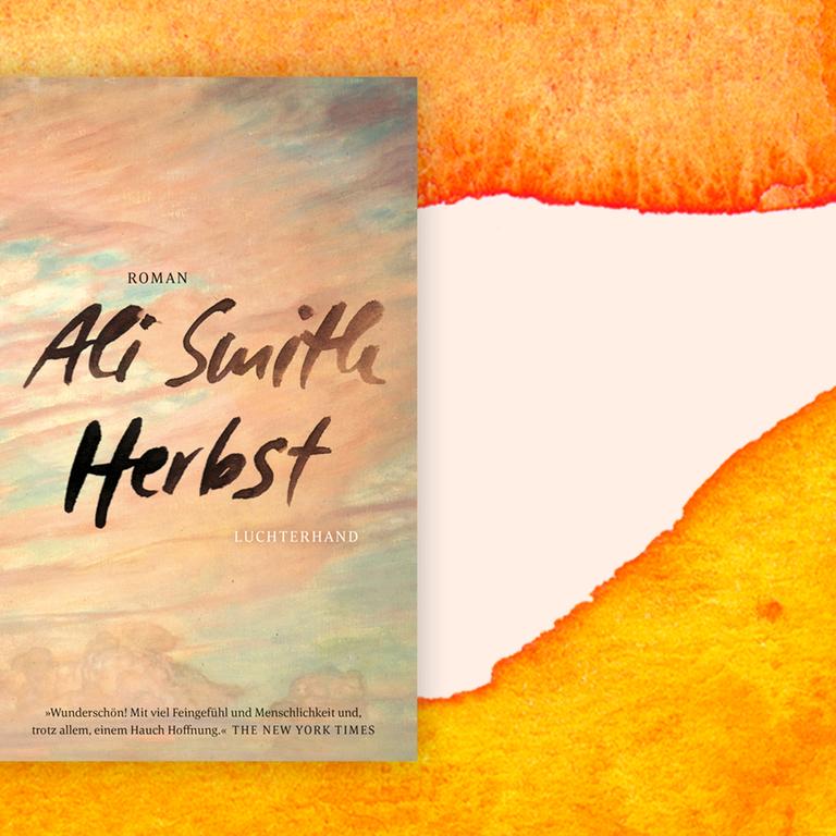 Das abstrakt in Herbstfarben gestaltete Cover des Buches "Herbst" von Ali Smith auf einem orange-weißem Hintergrund.