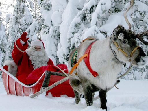 Ein als Weihnachtsmann oder Nikolaus verkleideter Mann sitzt auf einem Schlitten, der von einem Rentier gezogen wird. Im Hintergrund sieht man schneebedeckte Tannen.