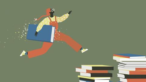 Illustration: Eine Frau mit einem Buch unter dem Arm rennt eine Buchtreppe hinauf.