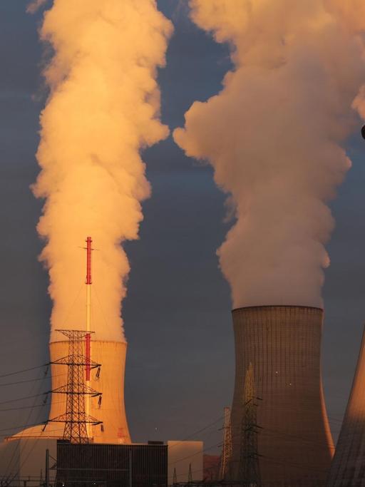 ARCHIV - Dampf steigt am 12.04.2016 in Huy (Belgien) aus Kühltürmen dem Atomkraftwerk Tihange des Betreibers Electrabel.