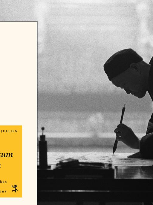 Cover von Francois Jullien Buch "Vom Sein zum Leben". Im Hintergrudn ist ein chinesischer Kalligraph zu sehen.