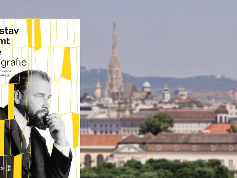 Buchcover "Gustav Klimt - Die Biografie" von Mona Horncastle und Alfred Weidinger, im Hintergrund eine Ansicht von Wien
