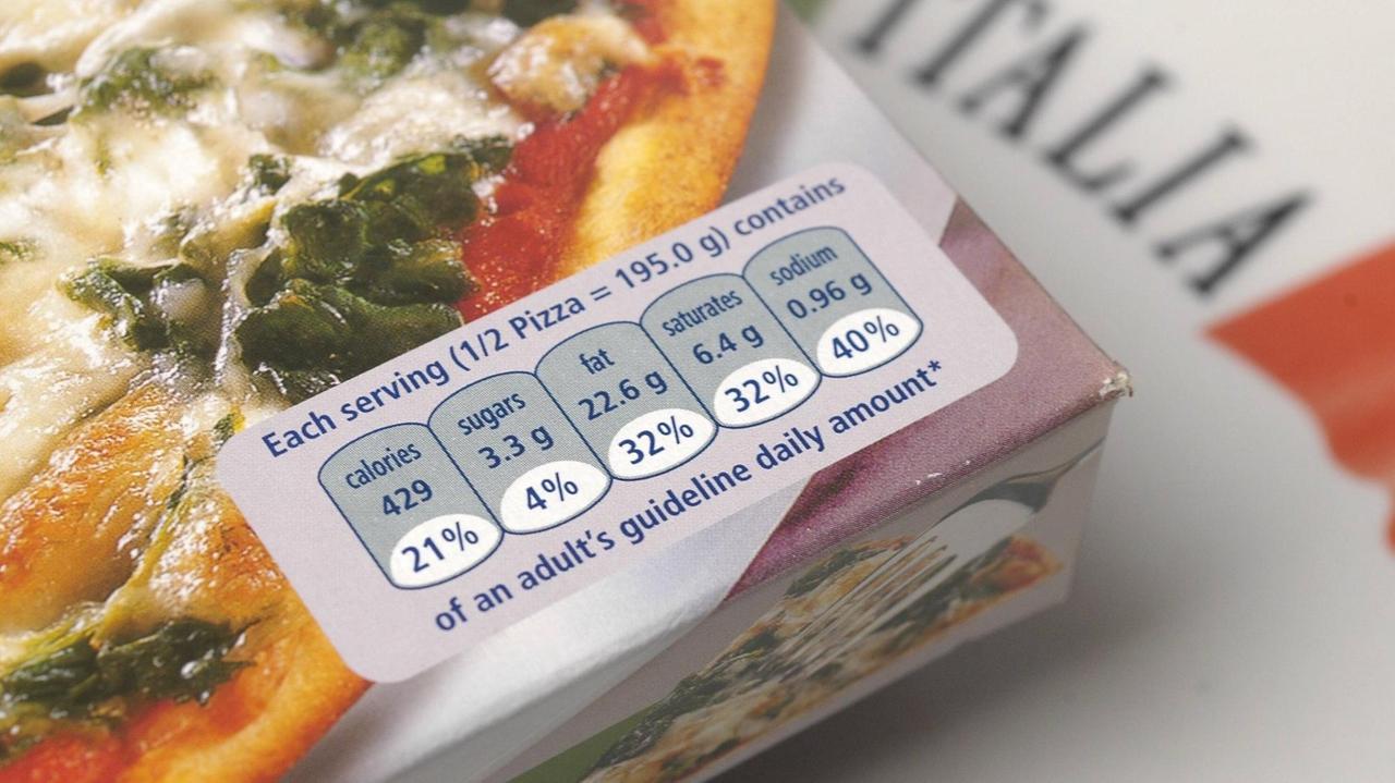Kalorien- und Nährwertangaben auf der Verpackung einer Fertigpizza