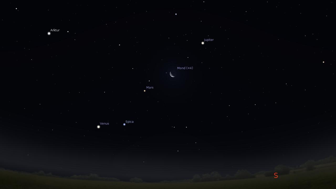 Venus, Spica, Mars, Mond und Jupiter morgen früh gegen 6 Uhr Venus, Spica, Mars, Mond und Jupiter morgen früh gegen 6 Uhr