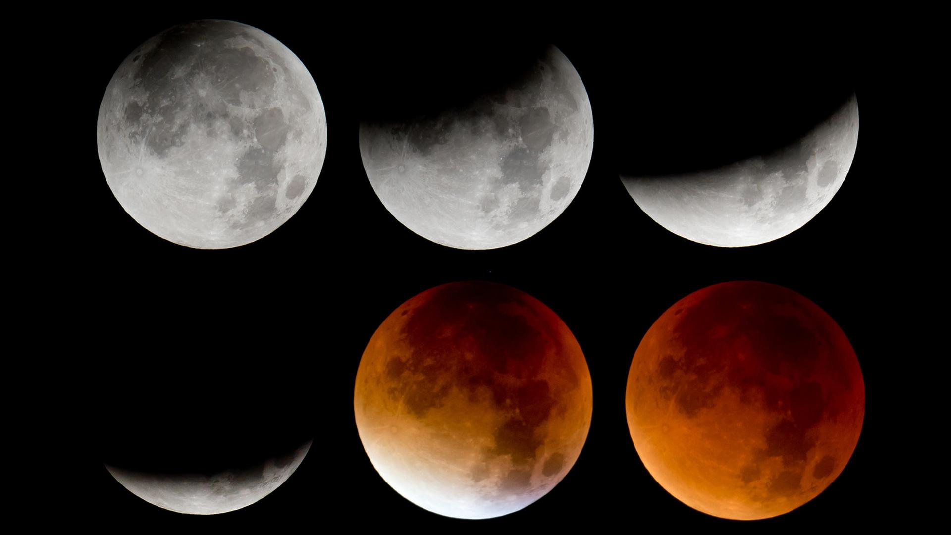 Die Bildkombo zeigt von links oben nach rechts unten die verschiedenen Phasen der totalen Mondfinsternis.