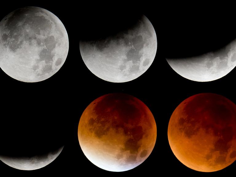 Die Bildkombo zeigt von links oben nach rechts unten die verschiedenen Phasen der totalen Mondfinsternis.