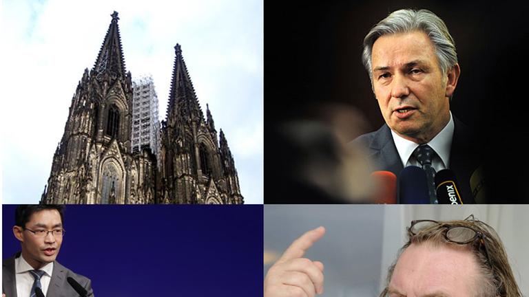 Collage: Kölner Dom, Wowereit, FDP und Depardieu
