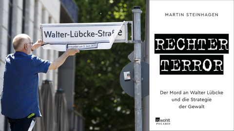 Das Buchcover von Martín Steinhagen: "Rechter Terror" vor einem Straßenschild "Walter-Lübcke-Strasse"