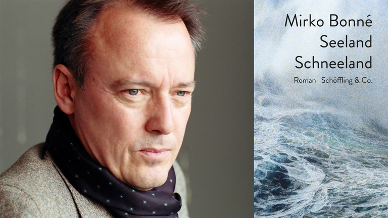 Buchcover "Seeland Schneeland" und ein Portrait des Autors Mirko Bonné