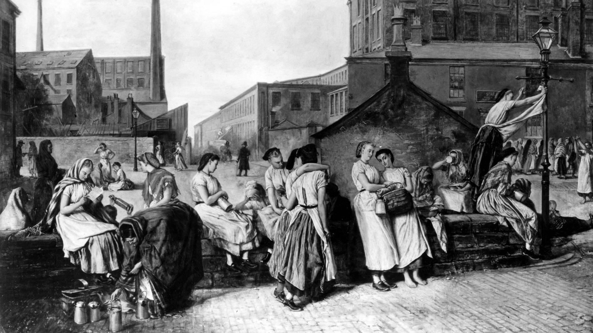 Arbeiterinnen einer Baumwollfabrik beim Abendessent in Wigan, England im Jahr 1874 von dem Künstler Eyre Crowe (1824-1910)