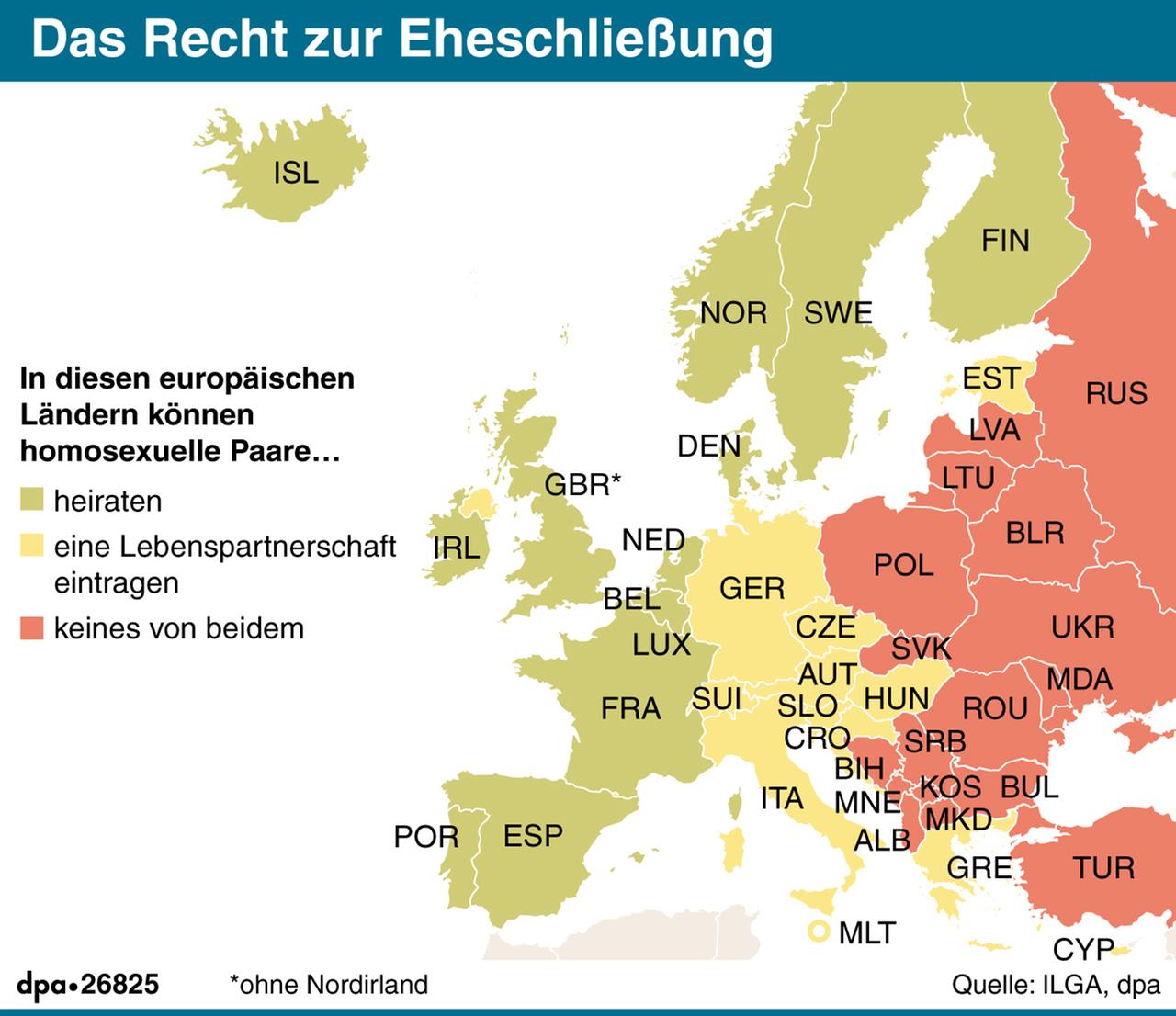 PD-Kanzlerkandidat Martin Schulz will drei Monate vor der Bundestagswahl ein Ja zur Ehe für alle erzwingen und fordert damit seine Kontrahentin Angela Merkel (CDU) heraus. Die SPD werde auf jeden Fall dafür sorgen, dass noch in dieser Woche eine Abstimmung über einen entsprechenden Gesetzentwurf des Bundesrats stattfinden werde, sagte Schulz am Dienstag in Berlin. Er hoffe, dass die Union noch mitziehe. Karte mit den Rechten zur Eheschließung homosexueller Paare in Europa, Querformat 110 x 95 mm, Grafik: A. Brühl, Redaktion: J. Schneider