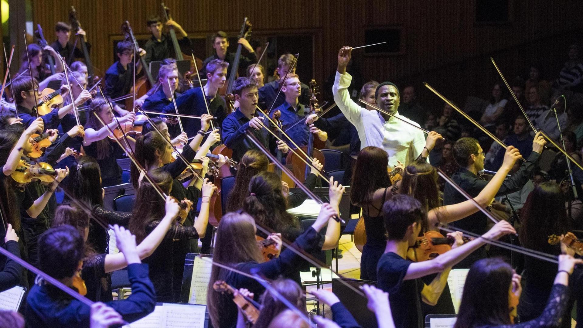 Das junge Orchester in großer Schlusspose, bei der alle Geigenbögen für einen Moment in der Luft gehalten werden.