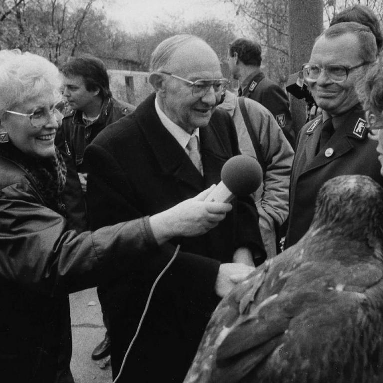 Der Berliner (Ost-Berlin) Tierpark-Direktor Heinrich Dathe und die Rundfunkreporterin Karin Rohn (Maria Rückert) bei einem Tierpark-Gespräch im Herbst 1990.