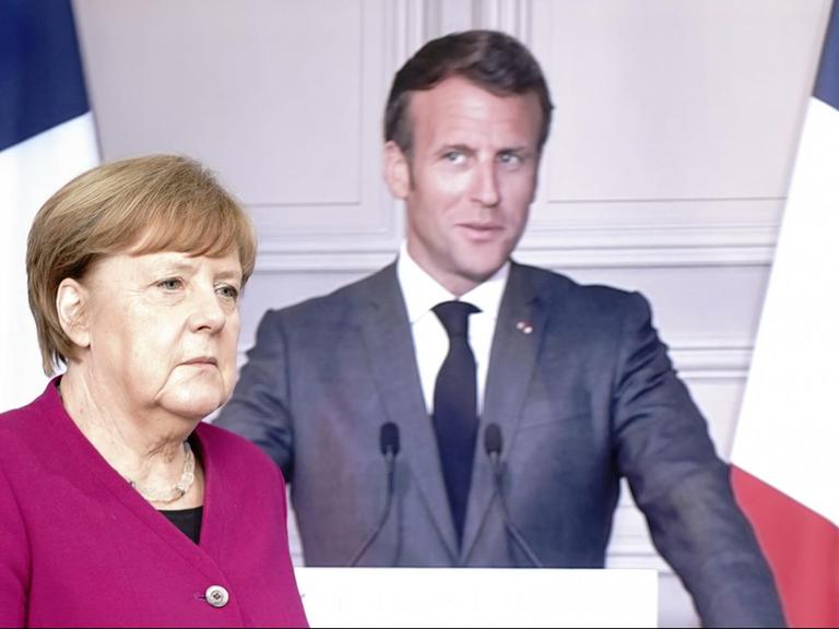 Bundeskanzlerin Angela Merkel (CDU), vor einem Bildschirm, auf dem Frankreichs Präsident Emmanuel Macron per Video zu einer Pressekonferenz zugeschaltet ist. 