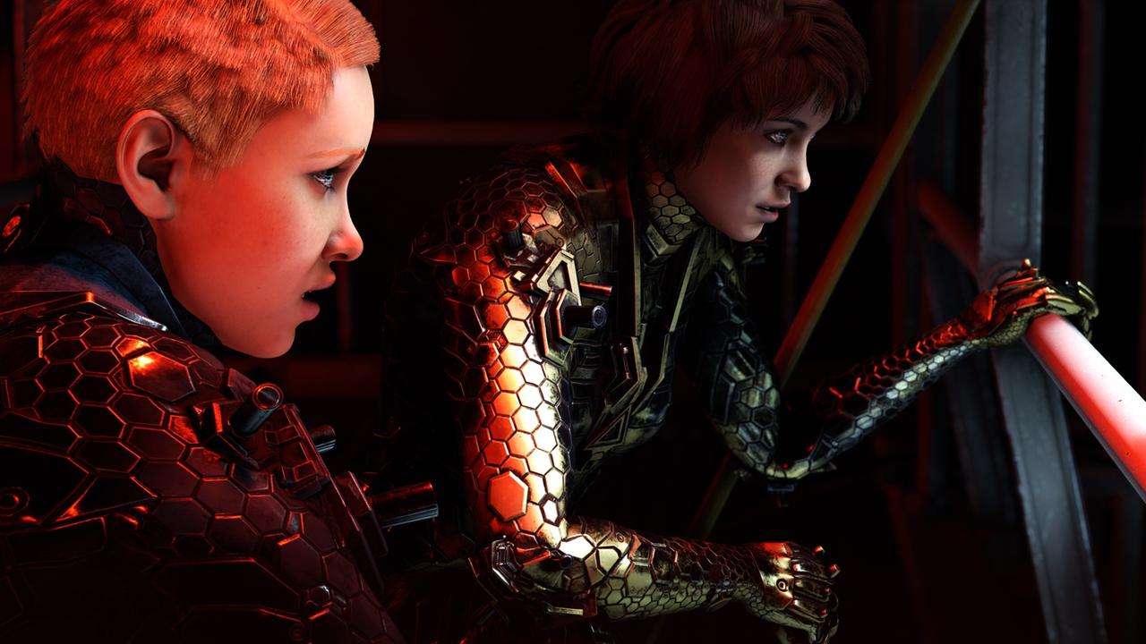 Szene aus dem Computerspiel: zwei Frauen schauen aus durch ein Gerüst.
